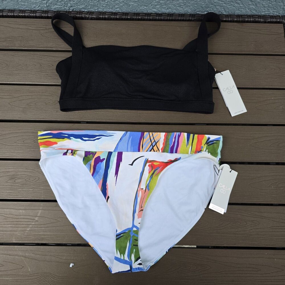 CALIA Women's Black Textured Square Neck Top & Wide Band Bikini Sz XL New